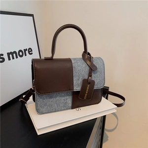 Women Shoulder Bag PU Leather Denim Contrast Color Small Square Crossbody Bag Top Handle Flap Minimalist Fashion Handbag