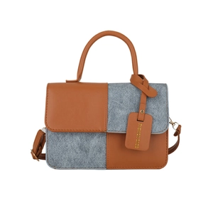 Minimalist square crossbody bag with brown leather and grey fabric contrast stitching