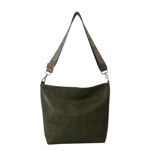 Retro olive green faux leather tote bag with a wide ethnic patterned shoulder strap
