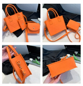 Detailed views of bright orange felt handbag set featuring quilted tote and mini pouch