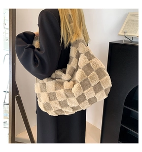 Large capacity plush checkered tote bag shown in a stylish back-view lifestyle shot