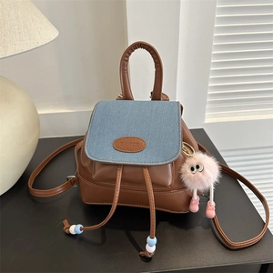 Women Mini Backpack PU Leather Denim Splicing Crossbody Bucket Bag With Cute Plush Monster Charm For Casual Daily Fashion