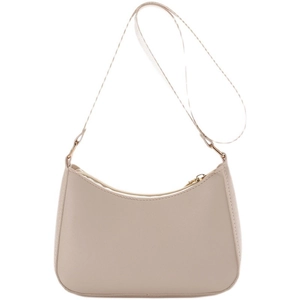 Minimalist beige moon-shaped leather crossbody bag with golden zipper on white background