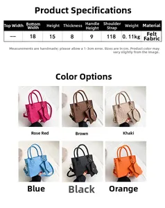 Detailed size chart and multi-color felt crossbody handbag set with matching mini pouch