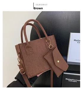 Brown felt tote bag set with embossed texture and matching mini pouch for women