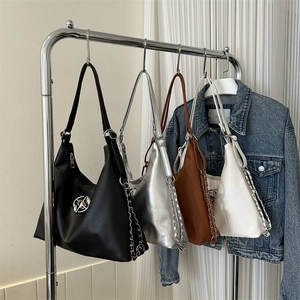 Fashionable crescent shoulder bags with silver chains in black, silver, brown and white colors