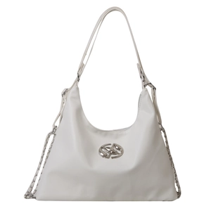 White hobo shoulder bag in matte leather featuring silver metal logo and chain detail