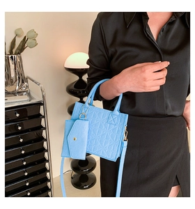 Detail of light blue embossed felt handbag with geometric patterns and small purse