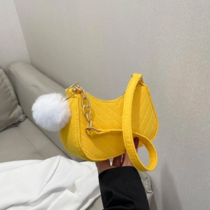 Women's Felt Quilted Shoulder Bag V-Shaped Chevron Pattern Underarm Bag With Gold Chain And Pompom Charm Daily Commute Hobo Bag