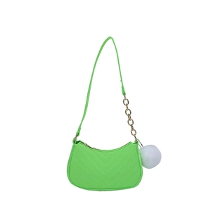 Neon green crossbody bag with V-stitch texture, gold chain and white pompom charm