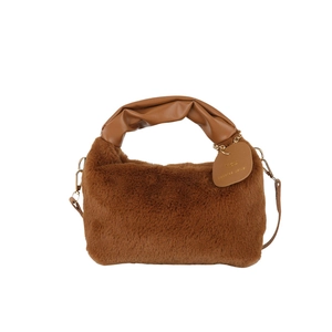 Brown fluffy faux fur tote bag with stylish pleated faux leather handle and gold hardware