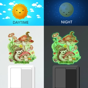 Luminous wall stickers with forest animals and mushrooms in daytime and night glow effect