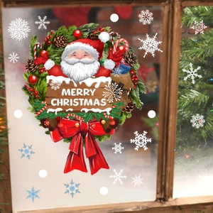 Christmas Santa Claus Wreath Static Window Sticker Snowflake Garland Wall Decal For Glass Door Home Xmas Party Decor