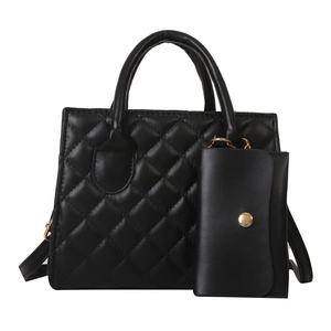 Black quilted rhombic crossbody bag set with gold hardware and small coin pouch pendant