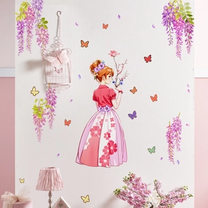 Adesivi Murali in PVC Autoadesivi Con Ragazza Anime e Glicine Viola Farfalla Cartone Animato Floreale per Decorazione Camera