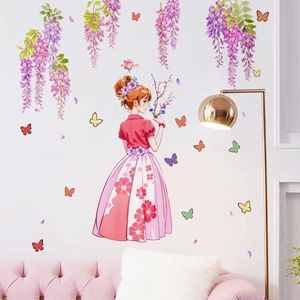 Elegante adesivo da muro ragazza fiori viola con farfalle per decorazioni di casa