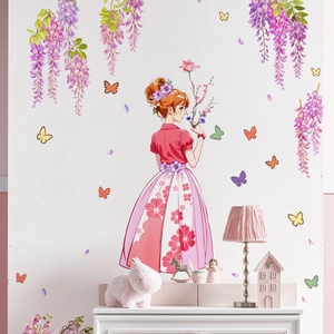 Adesivi murali ragazza vite glicine viola con farfalle per decorazione casa