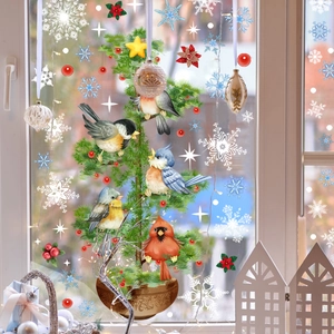 Christmas pine tree and birds static window stickers for festive glass decoration