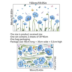 Vinilos decorativos de amapolas azules y mariposas, tamaño de diseño de 150x86 cm