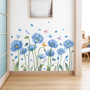 Pegatinas de pared de amapolas azules con mariposas coloridas para decoración