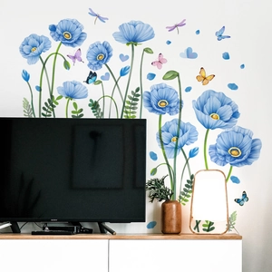 Pegatinas de pared de amapolas azules con mariposas acuarela para decoración del salón