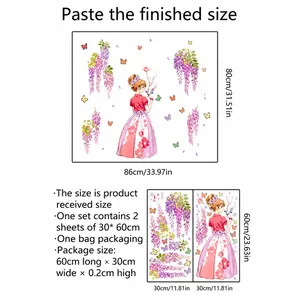 Purple vine girl and butterflies wall sticker set with detailed size dimensions