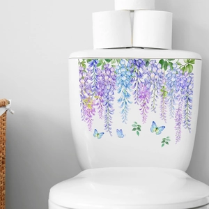 Self-adhesive floral toilet wall sticker featuring purple wisteria and blue butterflies