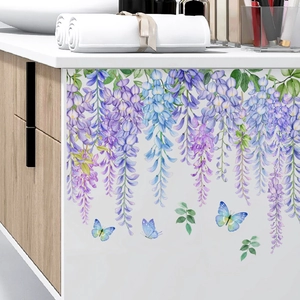 Watercolor wisteria vine and butterfly wall stickers for bathroom cabinet decoration