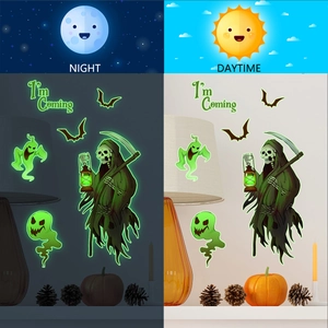 Luminous Halloween wall stickers with ghost and bat designs for day and night decor