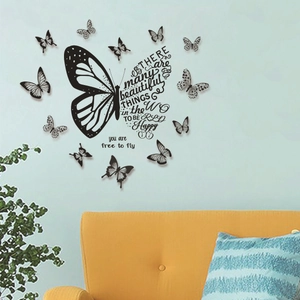 3D butterfly wall decals with English quotes on a blue wall above a yellow sofa