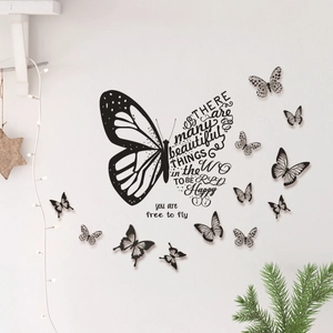 3D butterfly wall stickers with artistic English typography for modern home decoration