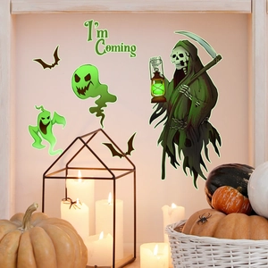 Luminous Halloween wall stickers set with Grim Reaper, ghosts and bats for home decor