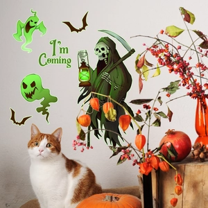 Luminous Halloween wall decal set featuring ghosts, grim reaper and bats with a cat