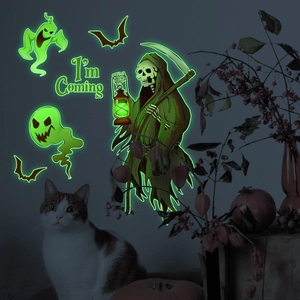 Glow-in-the-dark Halloween wall stickers featuring reaper, ghosts and bats in green light