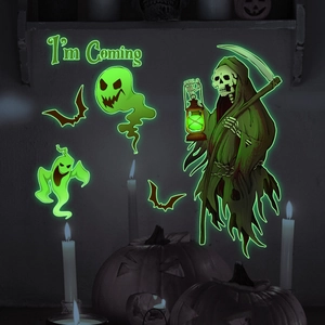 Detailed view of glow in the dark Halloween wall stickers with grim reaper and ghost designs