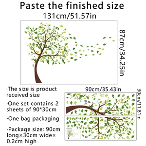Detail showing dimensions of green leaf wall decals with application size 131x87cm