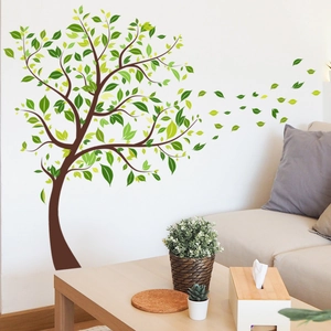 Large green tree wall decal stickers for living room decor with falling leaves design