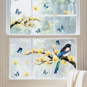 Stickers muraux autocollants avec fleurs jaunes, oiseaux bleus et papillons sur fenêtre