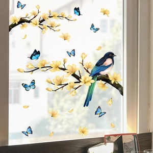 Stickers de fenêtre avec oiseaux bleus, fleurs jaunes et papillons décoratifs