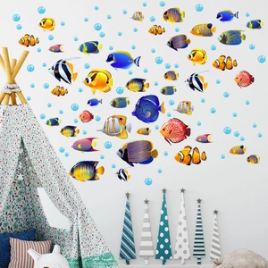 Tropical sea fish and blue bubbles PVC wall stickers for nursery and kids room decor
