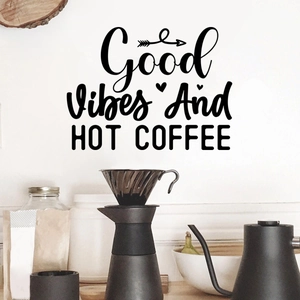 Modern black vinyl wall sticker with Good Vibes and Hot Coffee quote for home kitchen decor