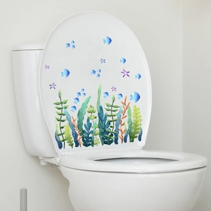 Autocollant Couvercle Toilettes Algues Poisson Monde Océan Imperméable PVC Décoration Salle De Bain Animaux Marins