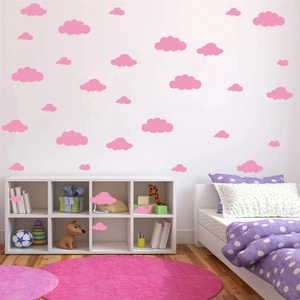 Pink cloud wall decals set for kids' bedroom decoration with various cloud sizes