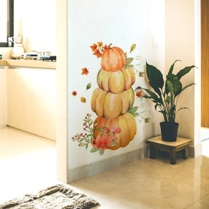 Vertical wall sticker with stacked pumpkins and autumn maple leaves for home decor