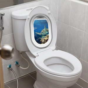 3D submarine window toilet sticker featuring sea turtle and colorful coral reef