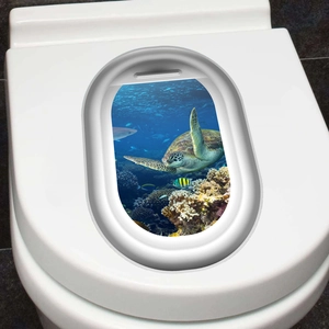 3D airplane window sea turtle toilet lid sticker with underwater coral reef scene