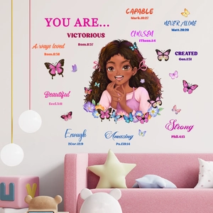 Stickers Muraux Inspirants Dessin Animé Fille Versets Bibliques Citations Motivantes Papillon Décalcomanies PVC Pour Chambre