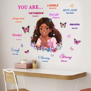 Détail de stickers muraux fille avec citations bibliques sur une surface murale blanche
