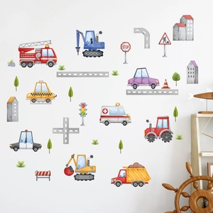 Watercolor cartoon construction vehicles wall stickers for kids nursery room decoration