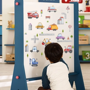 Children's magnetic drawing board with colorful cartoon vehicles and traffic signs